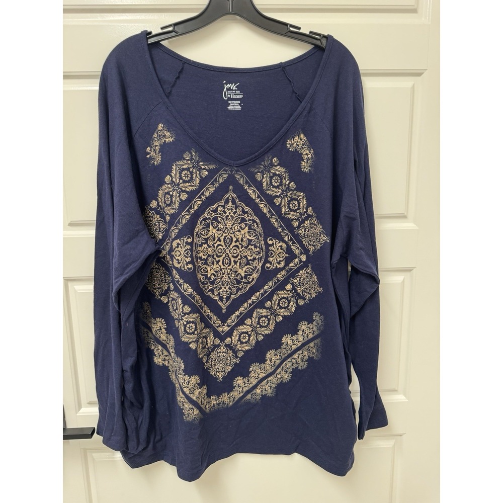 JMS Just My Size 4X Top TEE Shirt BLUE V-neck Glitter COTTON Long Slv Gold A0